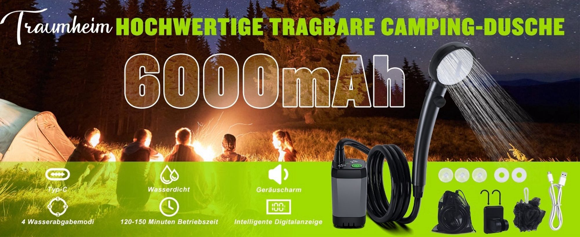 Tragbare Campingdusche,[6000 mAh] ,Pump- und Temperaturanzeige,mit Duschkopf und 2 m Schlauch für Garten, Waschen des Autos, Strand, Camping, Haustier