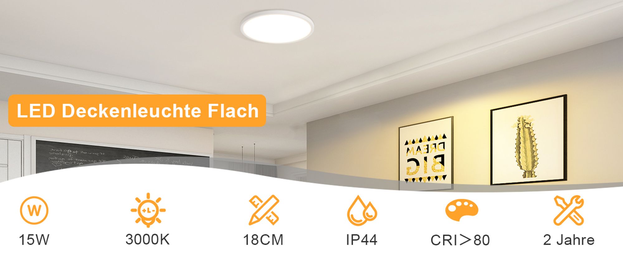 ZMH Deckenlampe LED Deckenleuchte Flach Schlafzimmerlampe 18CM Badezimmerlampe 15W Küchenlampe  Schlafzimmer weiß Deckenbeleuchtung Flurlampe Decke Badlampe 3000K für Küche Flur