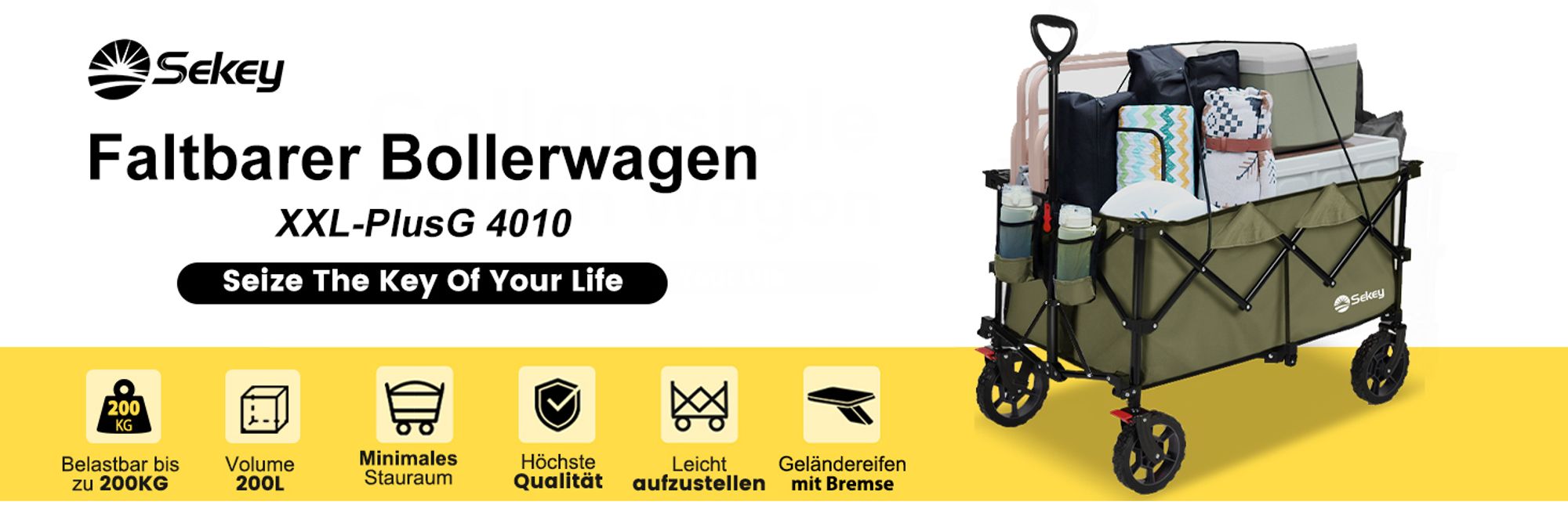 Sekey XXL 200KG Belastbar Bollerwagen Faltbar mit Spanngurte, 17x4 cm Reifen, Olivgrün