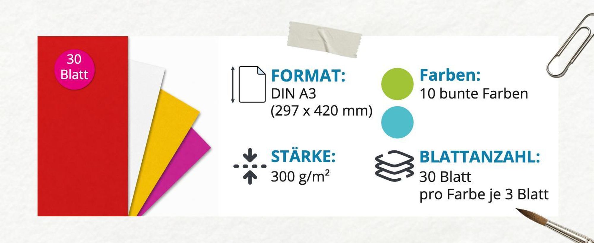 itenga Fotokarton - DIN A3 - 300 g/qm 30 Blatt - 10 Standardfarben - pro Farben je 3 Blatt