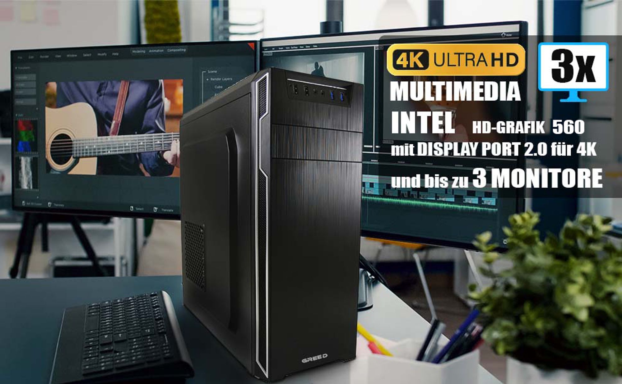 GREED® Multimedia 7 - Schneller PC mit Intel Core i7 - Rechner für Büro & Home mit 4,0 GHZ, 16GB RAM - 240 GB SSD + 1 TB HDD - WLAN, inkl. Win11 Pro