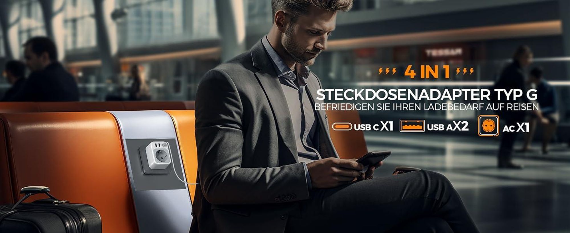 TESSAN 2er Pack UK Adapter England Deutschland Stecker 4 in 1 Steckdosenadapter mit USB C und 2 USB A Typ G für London