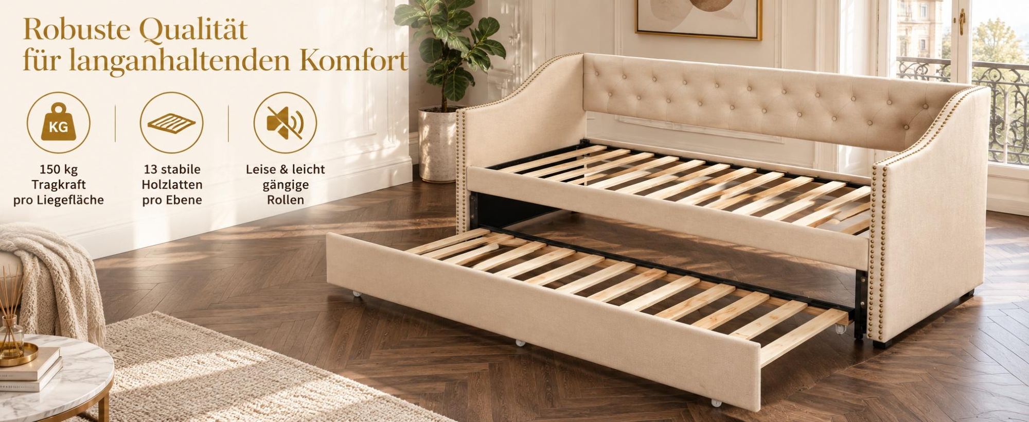 INONEFT Tagesbett Ausziehbar 90x200 cm, Schlafcouch Polsterbett Ausziehbar mit Gästebett, Schlafsofa mit Ausziehbett, Leinen, ohne Matratze,Beige
