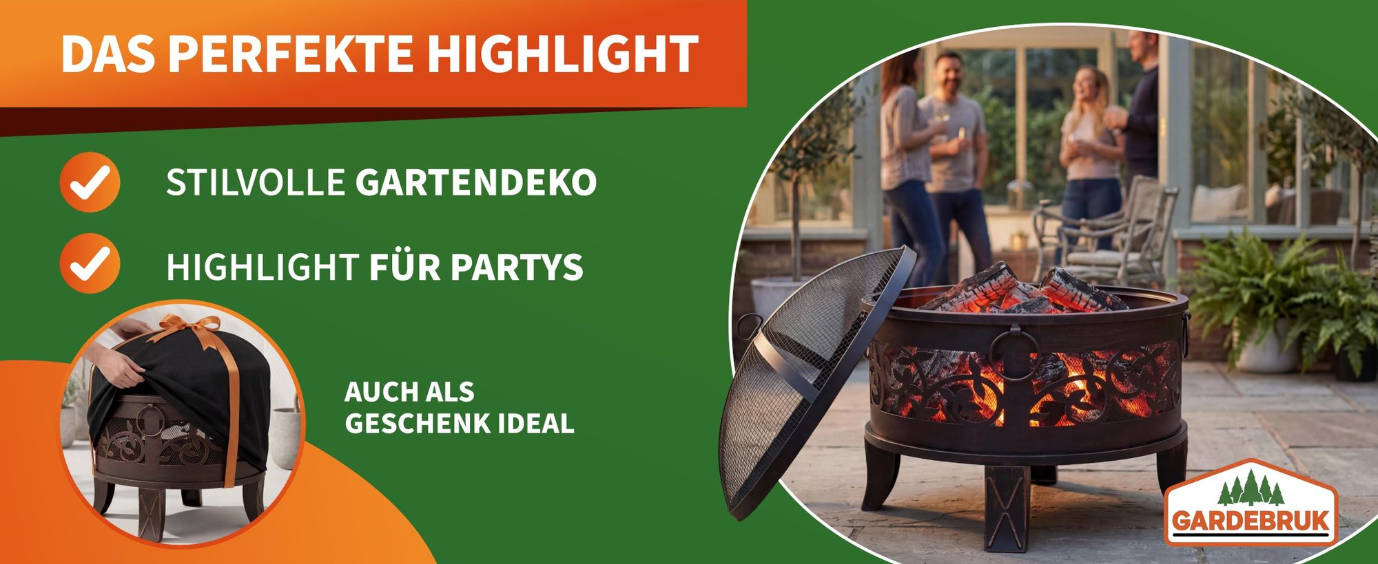 GARDEBRUK® Feuerschale mit Funkenschutz Rund Ø66cm Schürhaken Abdeckung Schwarz Modern Terrasse Garten Feuerstelle Feuerkorb Kamin Ofen Holz Grill
