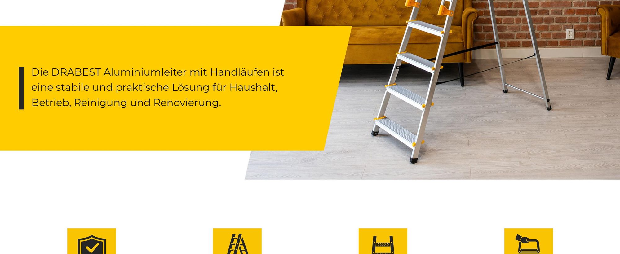 Drabest | Leiter - 8 Stufen, Tragfähigkeit 150kg - Leiter mit Handläufen, Alu Leiter, Anti-Rutsch-Füße, Trittleiter, Klappleiter