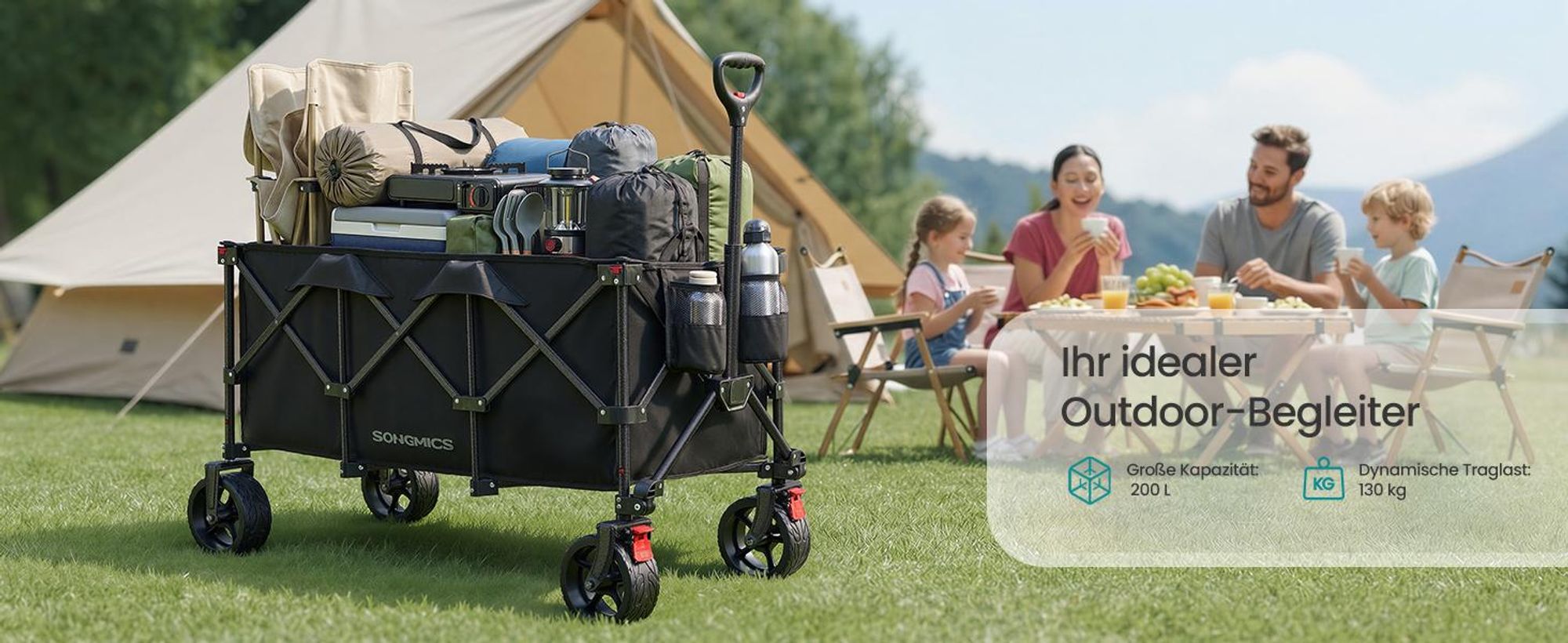 SONGMICS Faltbarer Handwagen mit Griff, Bollerwagen, 4 abnehmbare Rollen, 200 L, bis 150 kg, Outdoor, Garten, schwarz