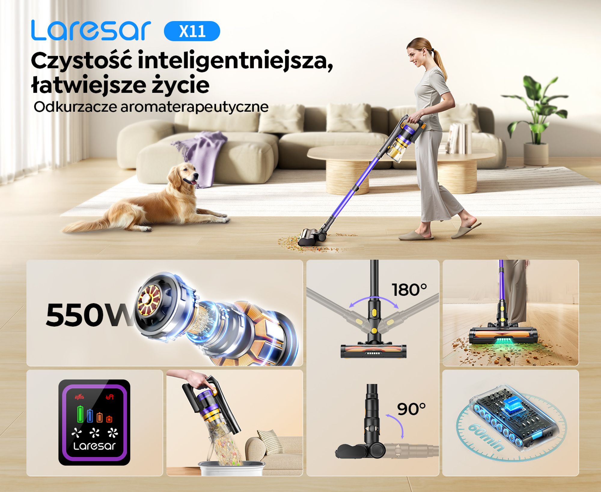 Laresar X11 Bezprzewodowy odkurzacz, 550 W/75 000 Pa Bezprzewodowy odkurzacz z ekranem dotykowym, do 60 minut czasu pracy, bezprzewodowy odkurzacz zap