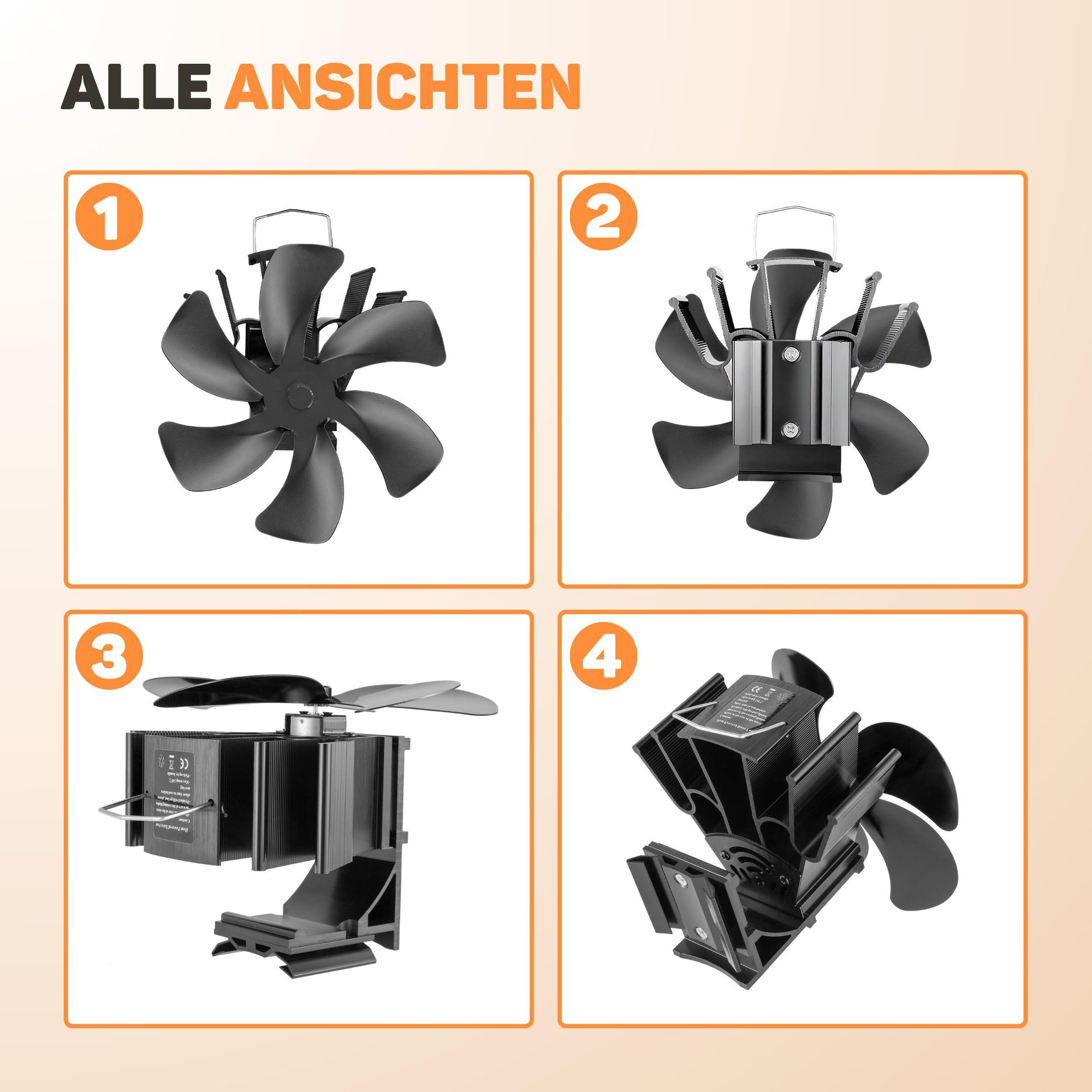 Vulpes Goods Heizungsventilator | Ventilator für Holzofen In freistehendem Design | Kaminventilator - schnelleres Aufheizen des Raumes / 6 Blätter
