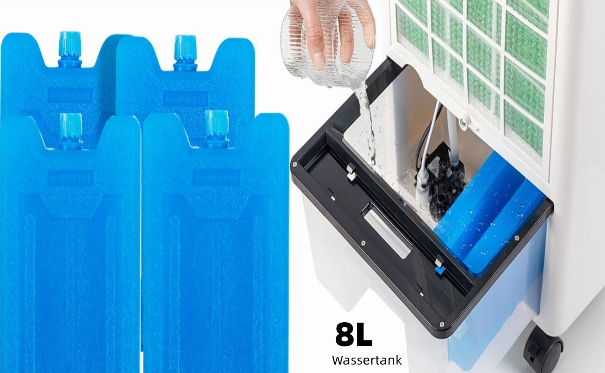 LEADZM Mobiles Klimagerät 4-in-1 Luftkühler, 75W,4 Eiskristalle, 8L Wassertank,Luftstrom:550 m³/h