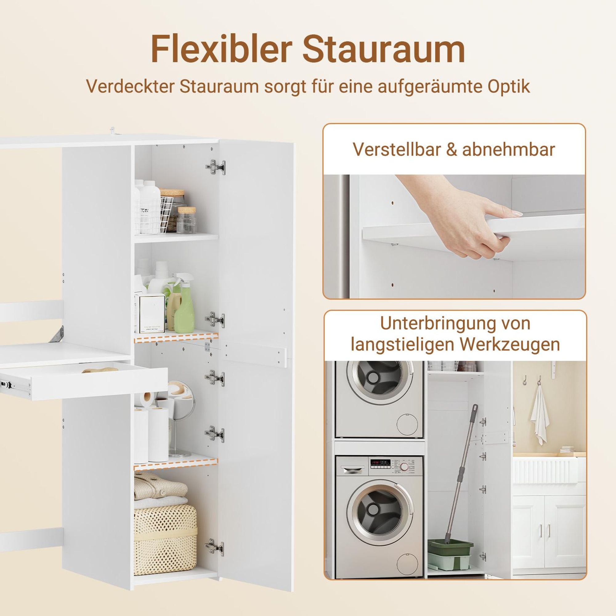 SoBuy Waschmaschinen-Schrank mit Türen und Schublade, Wäschetrockner-Kombi, Weiß, modern Hoher vertikaler Schrank BZR231-W