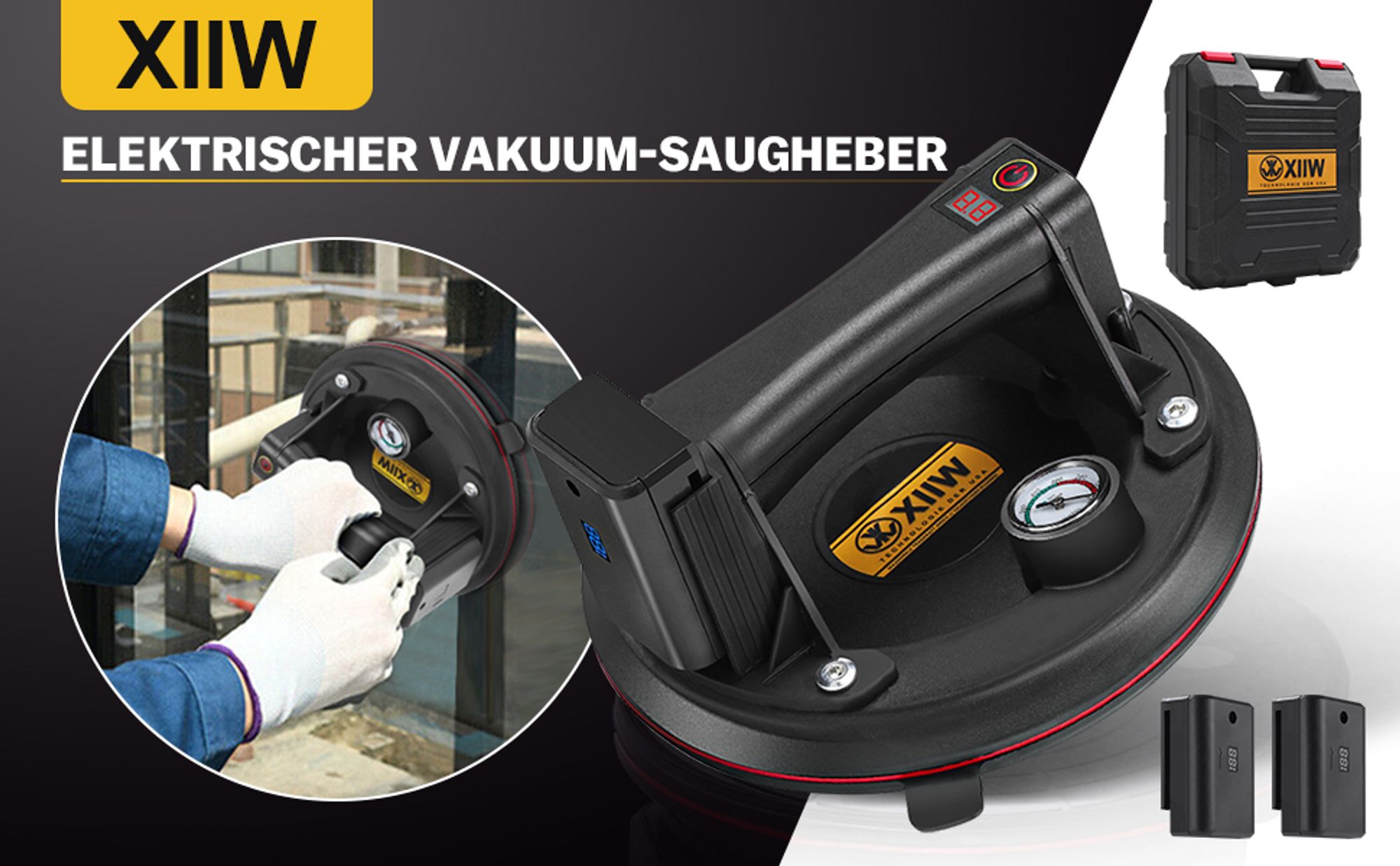 2X LED- Elektrischer Saugheber Mit 2X Akku Saugnäpfe Max. 300KG, Glasheber 8" Vakuum Starker Saugnapf für schweres Glas,Fliesen, EisenplatteSchiefer