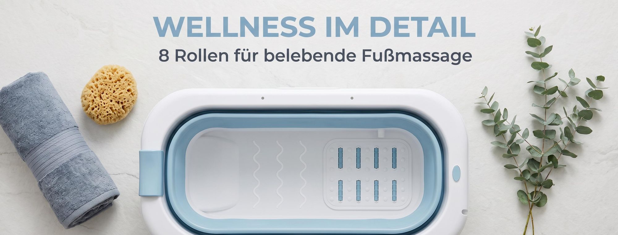 ROSEJANE Faltbare Badewanne 128 x 61 x 53 cm, freistehende Badewanne mit Deckel, platzsparend zusammenklappbar, versteckter Tragegriff, PP + TPE, Blau-Weiß, 8 Massage-Rollen