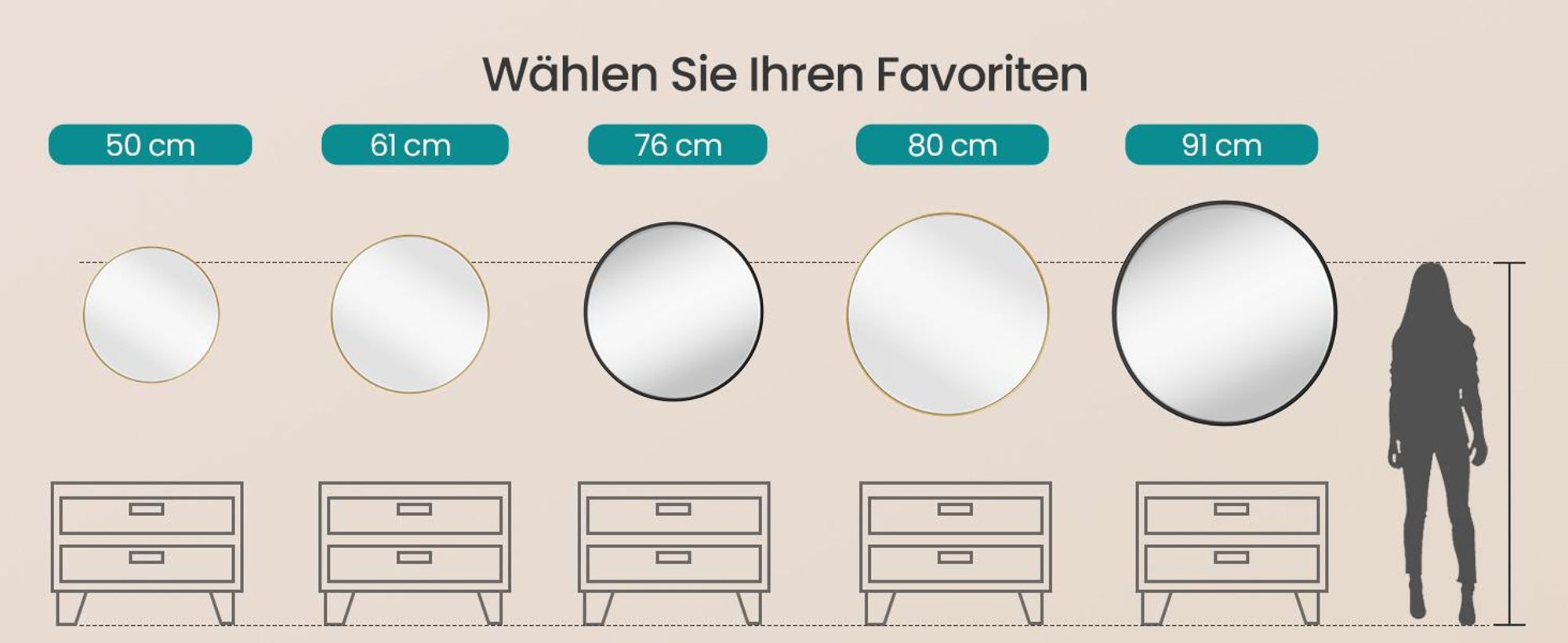 SONGMICS Wandspiegel, Spiegel rund, Metallrahmen, 80 cm d, für Bad, Wohnzimmer, Schlafzimmer, Flur, gold