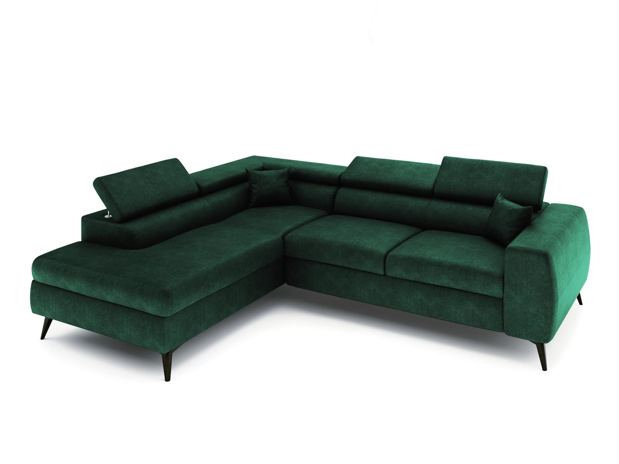 Ecksofa BIANCO in Grün mit Ottomane, schwarzen Metallfüßen und verstellbaren Kopfstützen