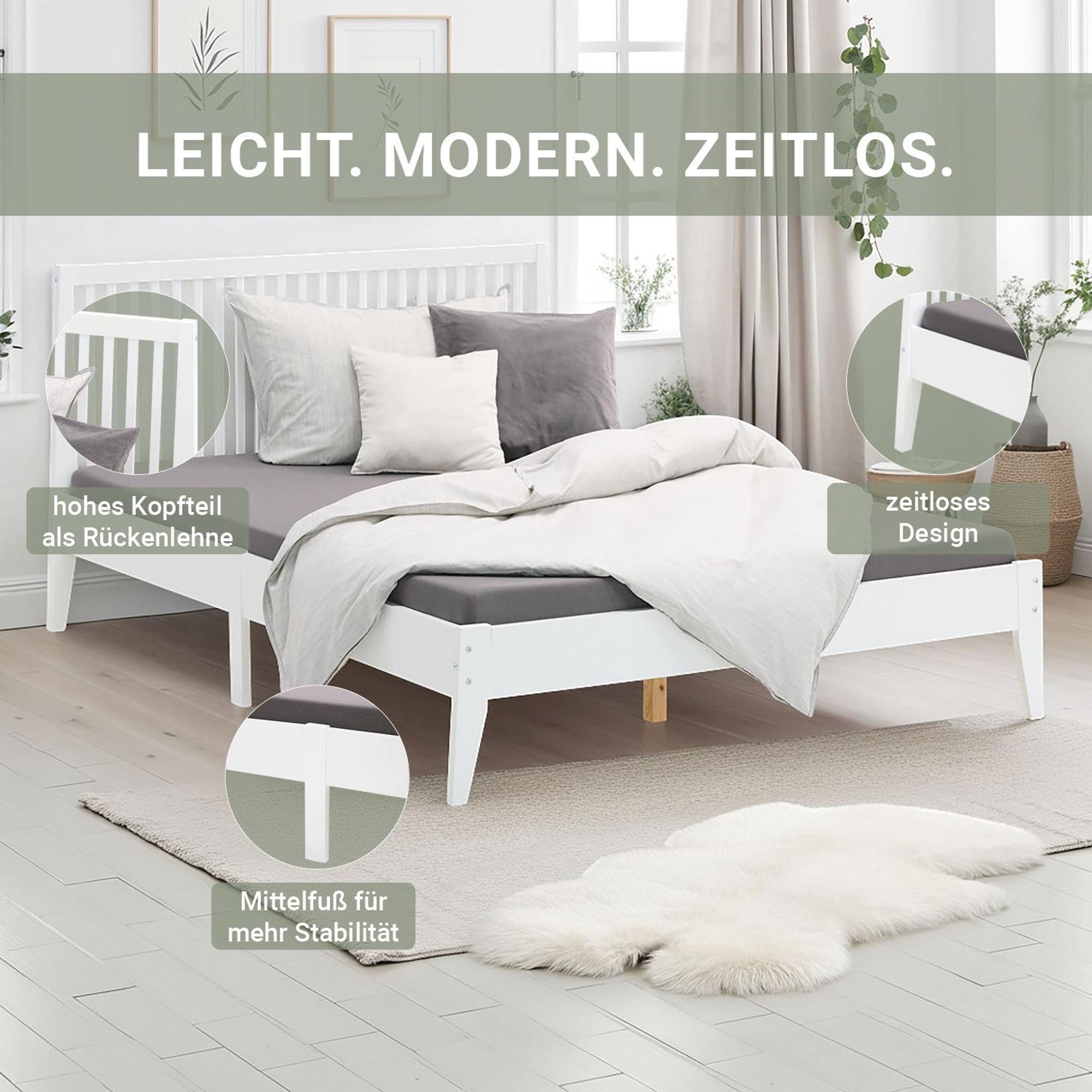 Das Bett hat ein schlichtes zeitloses Design und ein Mittelfuß sorgt für mehr Stabilität.