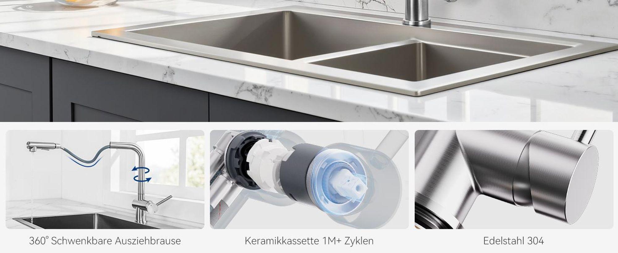 Spültischarmatur mit 3 Strahlarten & Schaber, Cecipa Wasserhahn Küche, 304 Edelstahl Küchenarmatur, Ausziehbar 40cm, 360° Drehbar, Gebürstet