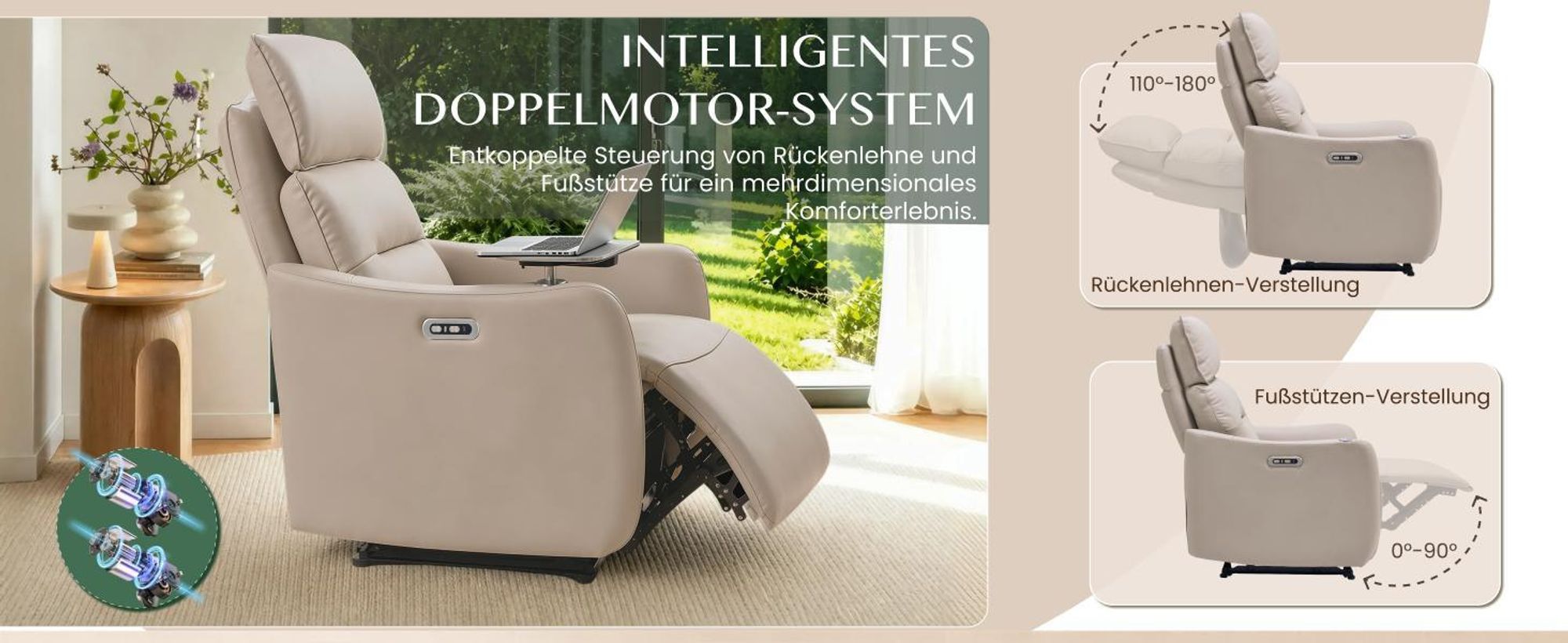 FLEXISPOT Lune Pro Elektrischer Relaxsessel, Doppelmotor, Echtleder, 180° Liegefunktion, 3-fach Kopfstütze, USB-Anschluss & 360° Schwenktisch, Beige