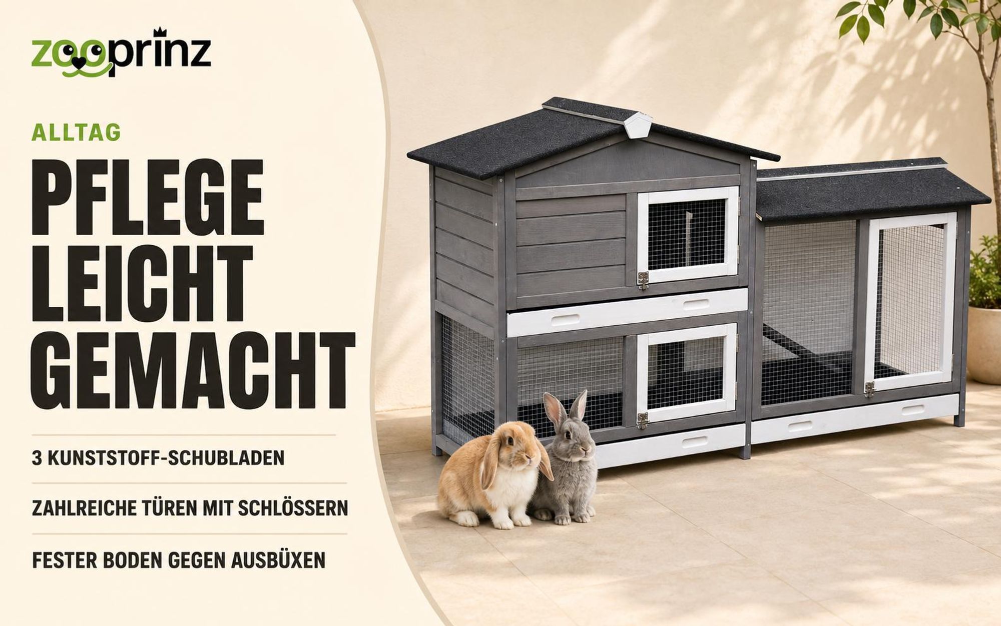 zooprinz Hasenstall Rudy mit Auslauf Kunststoff Schubladen Wetterfest lasiert 145x50x94cm (BxHxT)