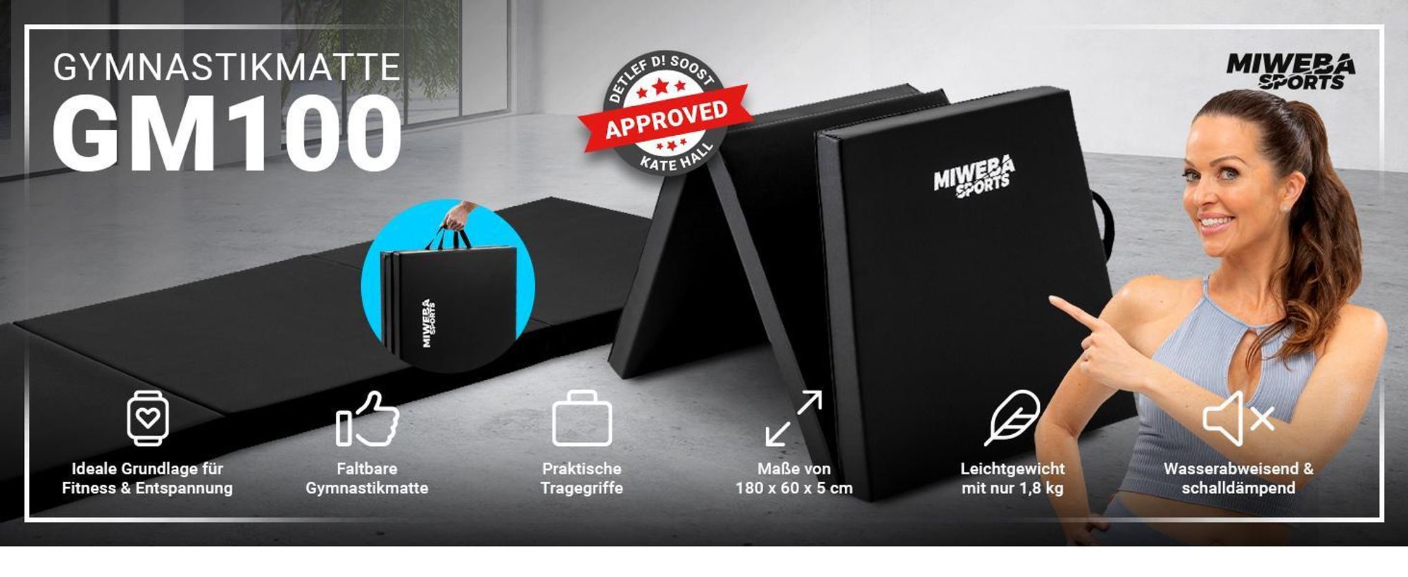 Miweba Sports Gymnastikmatte GM100 | Faltbar - Rutschfest - Trainingsmatte - Fitnessmatte für zuhause - Sport Turn Matte - Tragegriffe (Grau)