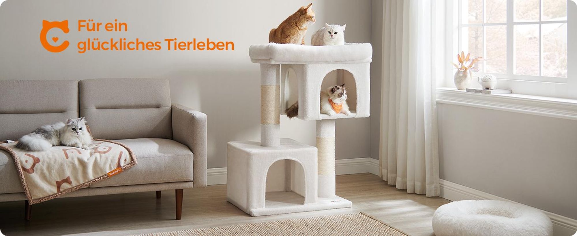 FEANDREA Kratzbaum, L Katzenbaum, mit 2 Häuschen, 101 cm, kompakt, cremeweiß
