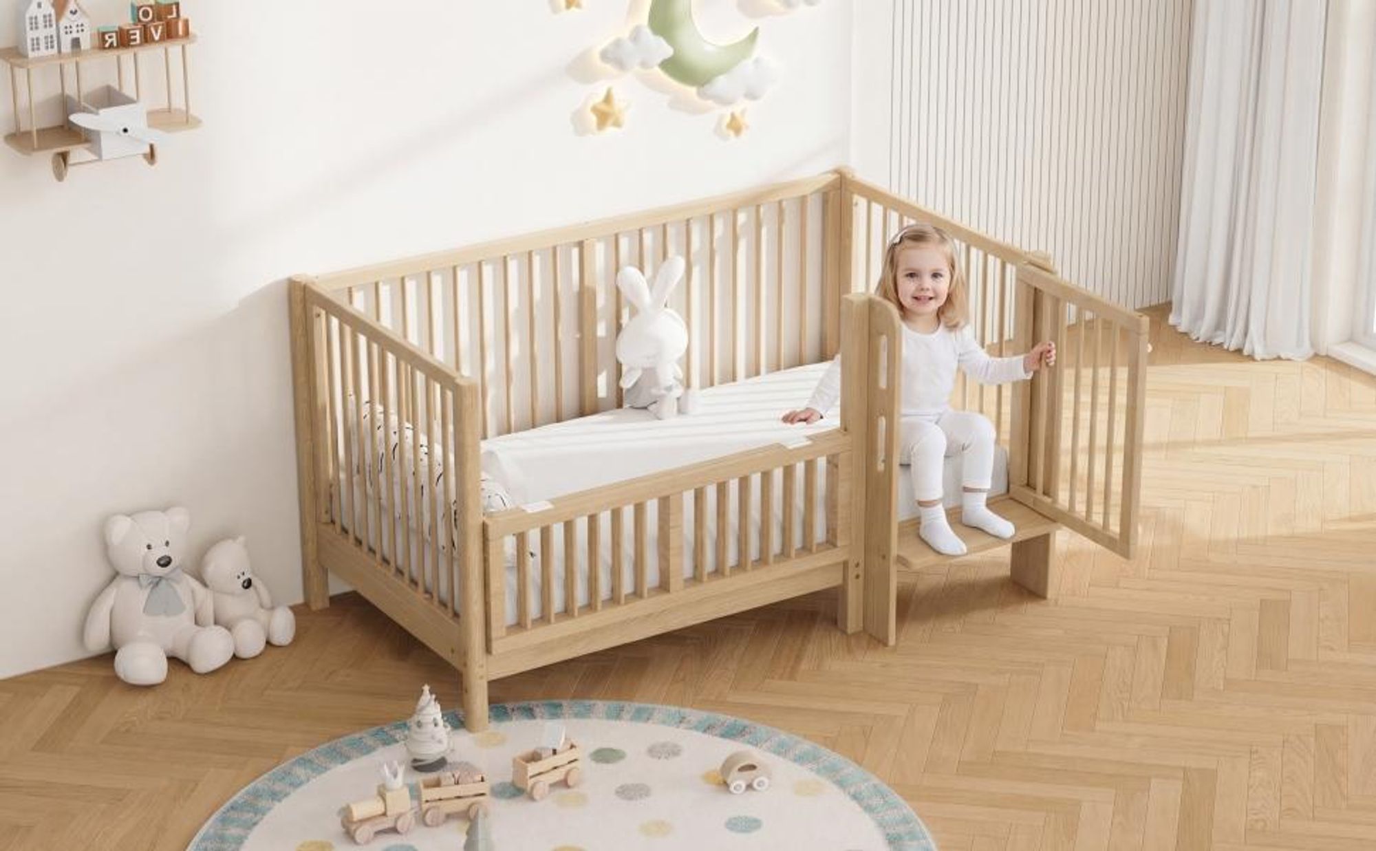 Merax Babybett 140x70 cm, multifunktionales Kinderbett aus Massivholz, umwandelbar in Anstellbett, mit Schutzgeländer, Sicherheitsverschluss, Natur