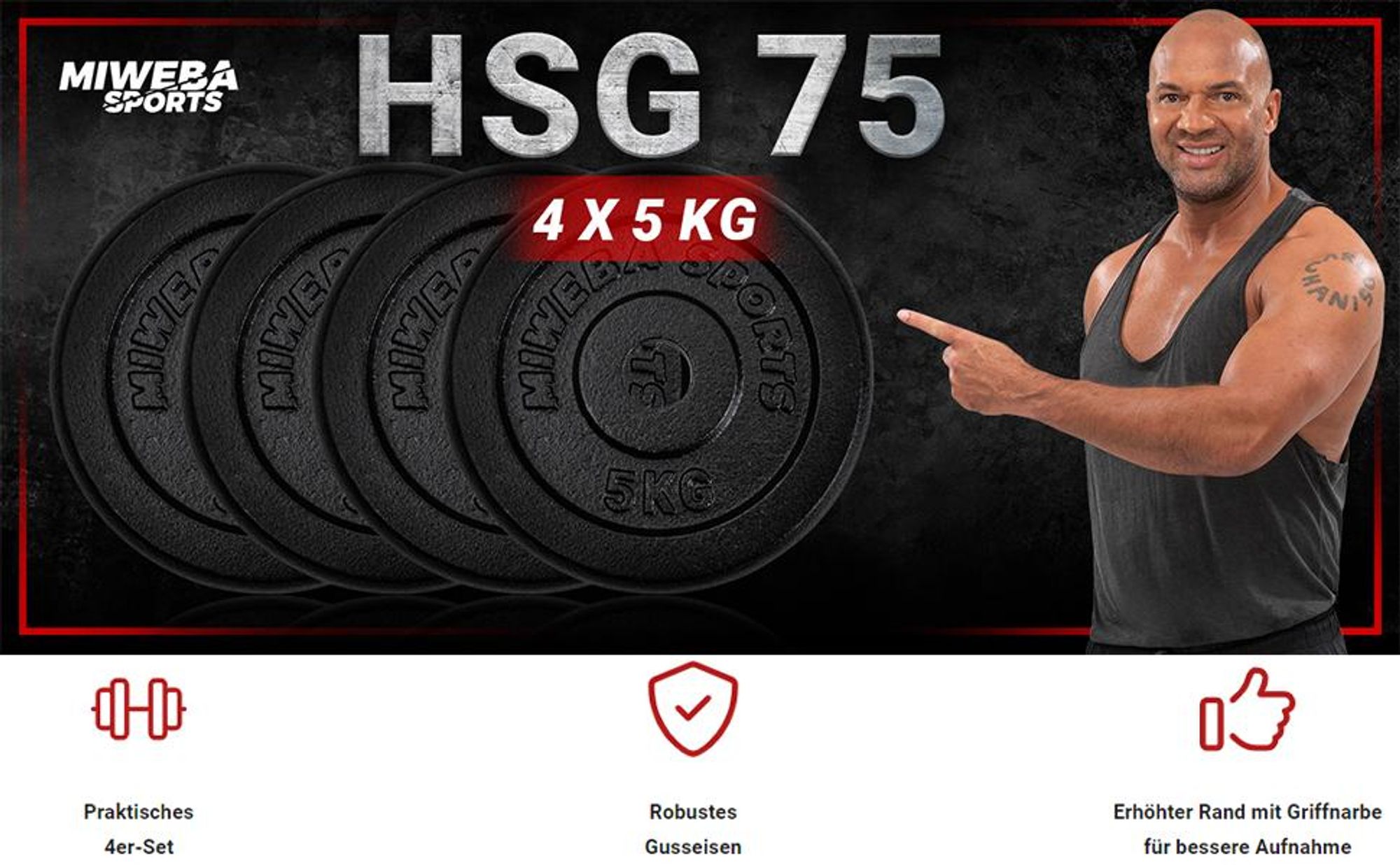 Miweba Sports Hantelscheiben Set | Gusseisen - Hantelgewichte - Gewichtsscheiben - Fitness Scheiben - Gewichte für Hantel - Ø30mm - Schwarz - 4x5 kg