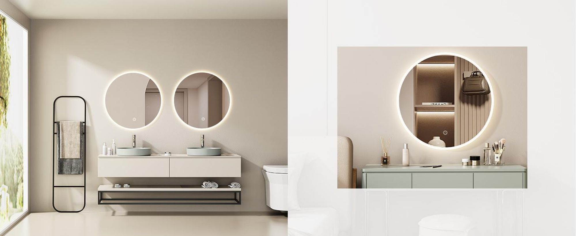 Miroir de salle de bain HOKO Design rond à LED, 60 cm, avec réglage continu de la température de couleur (2700 K-6500 K : blanc chaud - blanc froid - neutre), interrupteur tactile, fonction mémoire, IP44