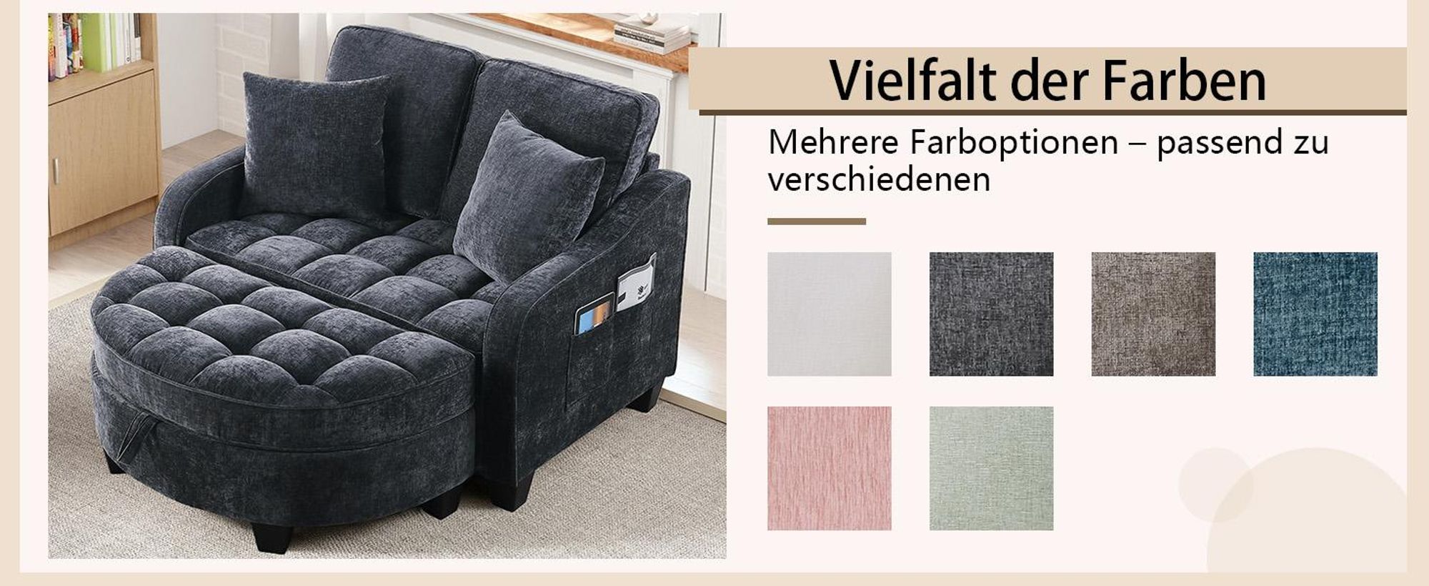MODFU Multifunktionales Sofa Schlafsofa mit Aufbewahrungs-Hocker,Relaxsofa mit rutschfeste Kunststoffbeine,Schwarz