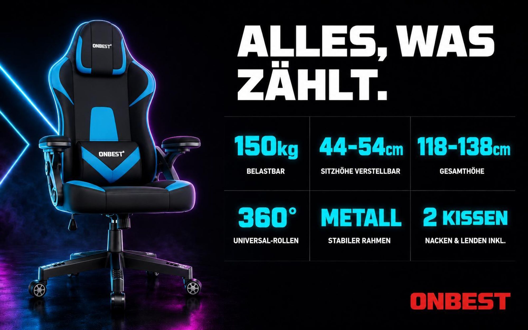 ONBEST Gaming Stuhl | Ergonomisch | mit Lordosenkissen | 150 kg | 360° | verstellbare Armlehnen Kopfstütze Rückenlehne
