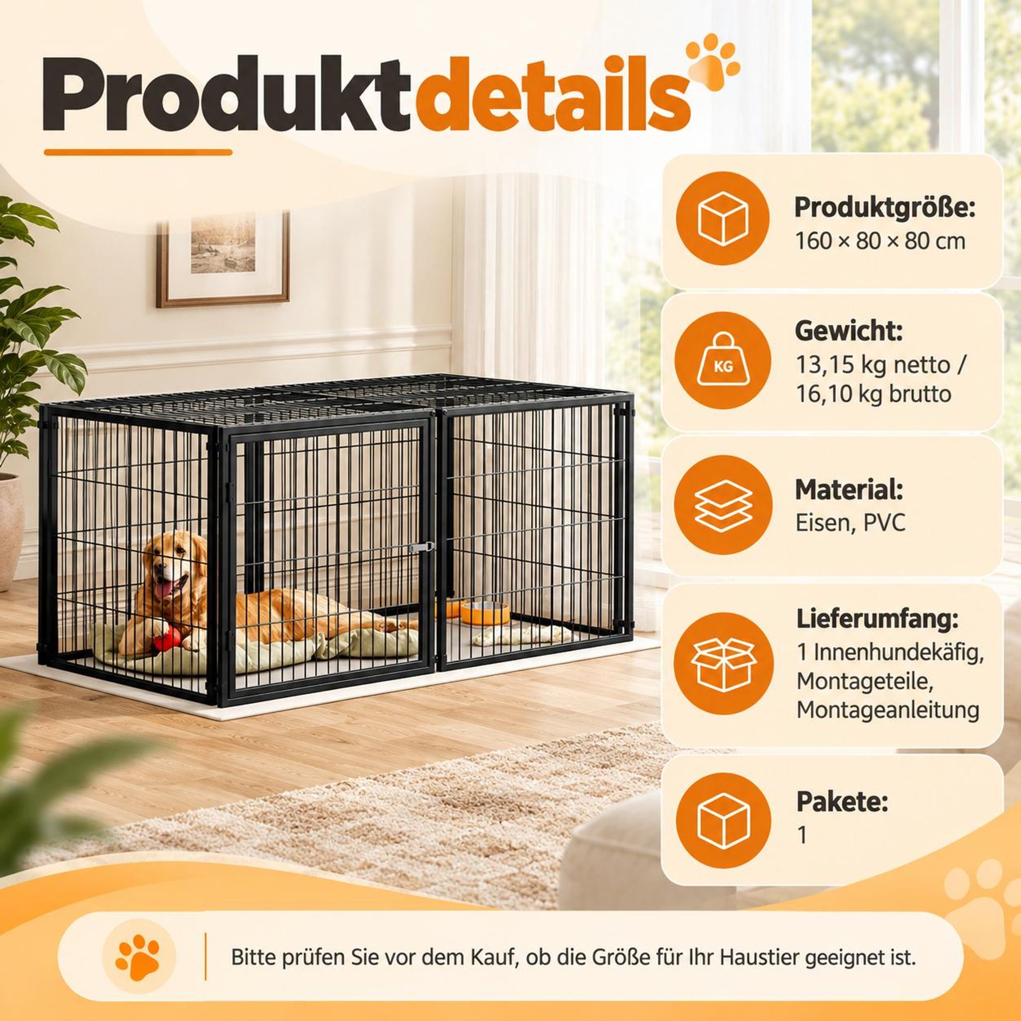 Basics Modulare Hundebox 160x80x80 cm, Flexibler Hunde-Käfig mit Sicherheitsdeckel & Verstellbarer Tür, Aus Stahl mit Rostschutz, inkl. PVC-Auflage, Schwarz Black