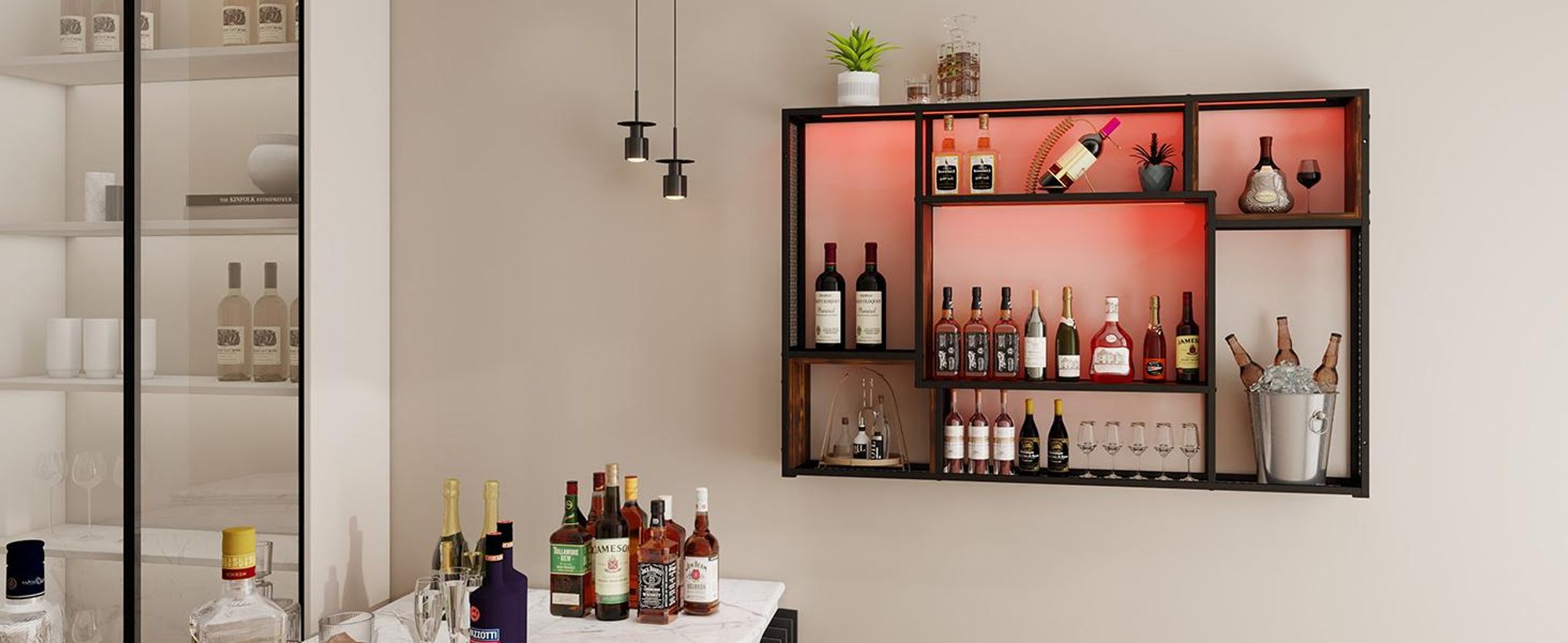 Puluomis Wandregal mit RGB Beleuchtung 120cm MDF Holzplatte und Metallrahmen max 20kg Belastbarkeit pro Fach wahlweise Wandmontage oder Stehend