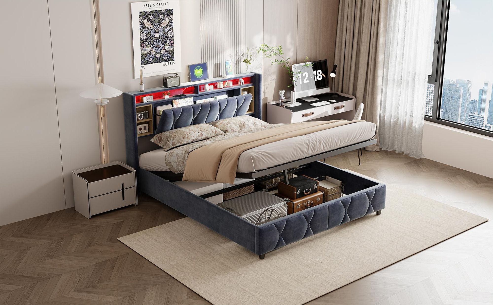 Fortuna Lai Polsterbett 140x200cm mit USB und type-C, Jugendbett Doppelbett mit Lattenrost und Stauraum, Stauraumbett mit LED, Samt, Grau