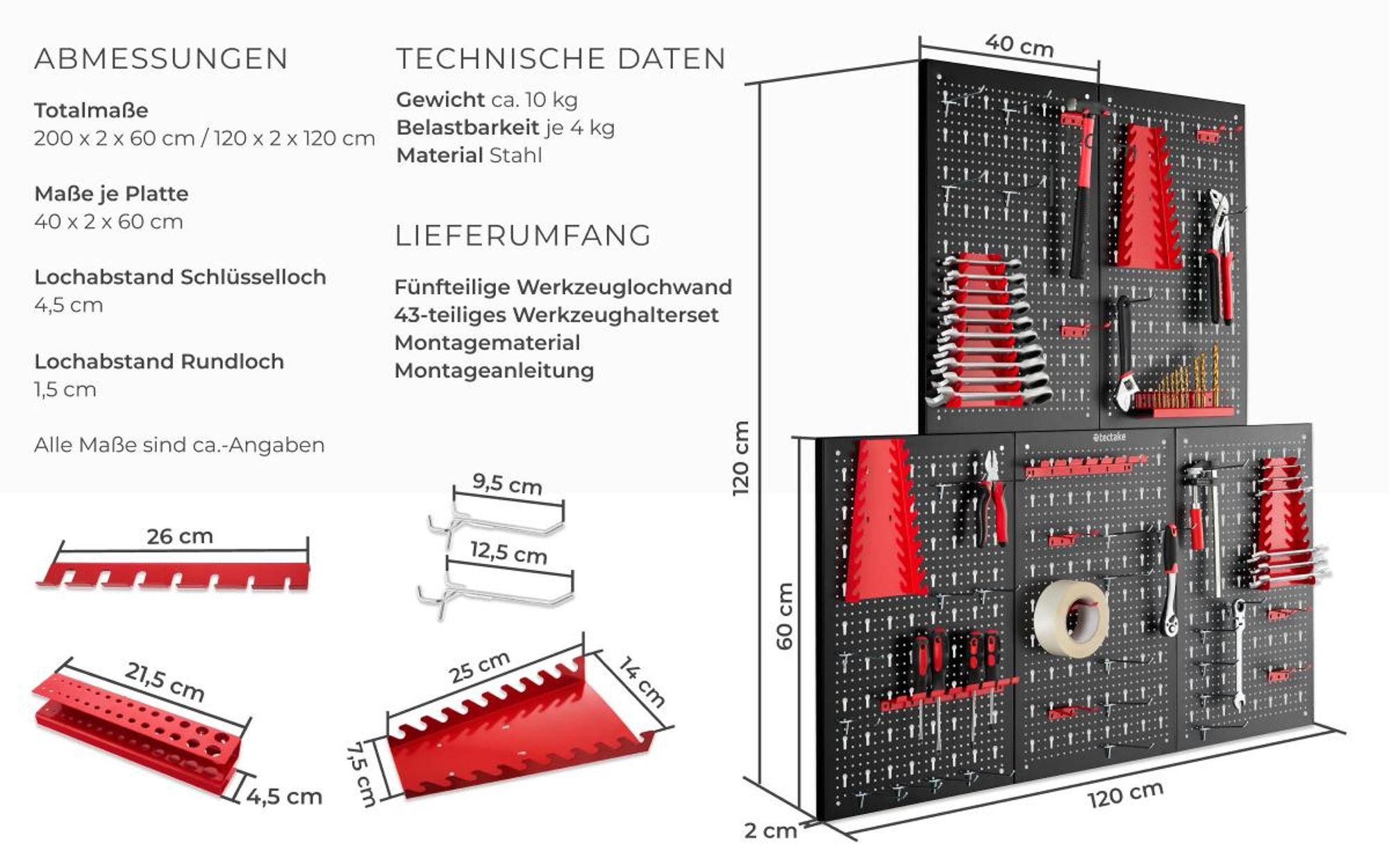 tectake® Werkzeuglochwand Jonah fünfteilig Belastbarkeit 4 kg pro Platte