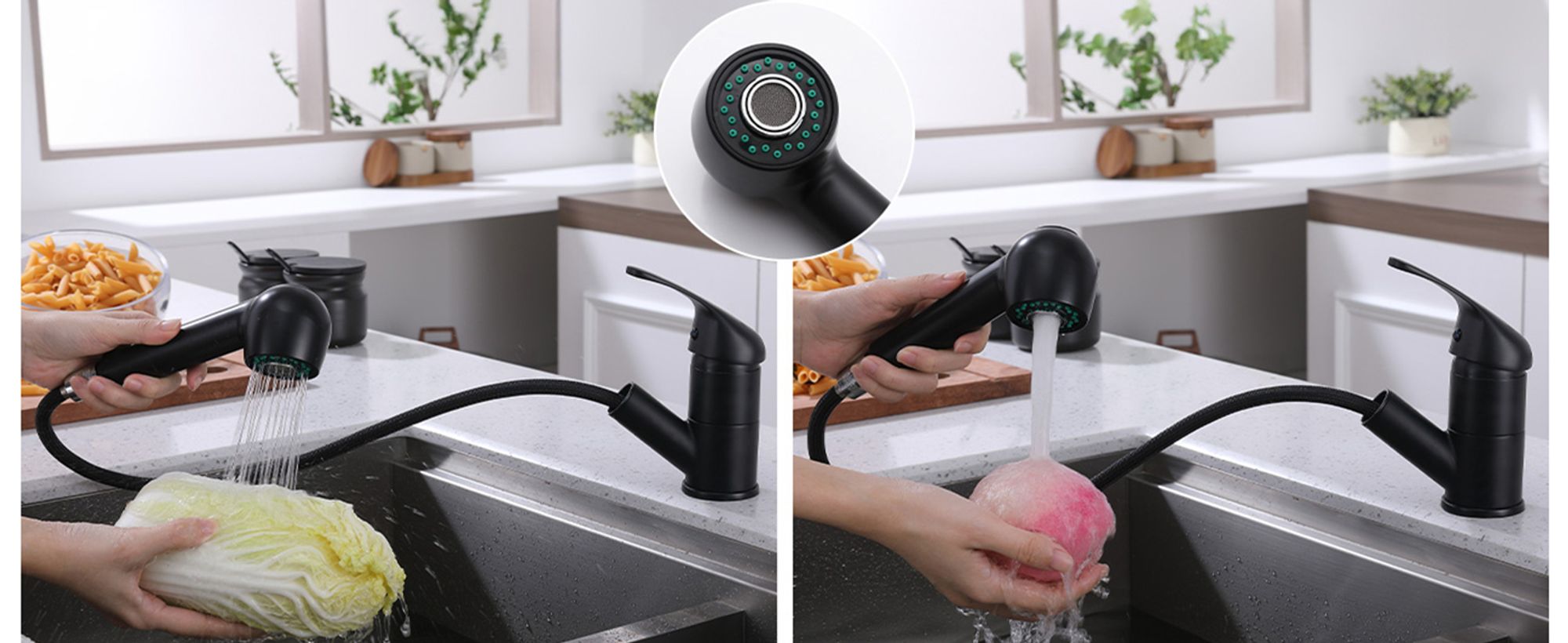Homelody Schwarz Wasserhahn Küche,  Küchenarmaturen mit 2 Strahlarten Armatur mit Ausziehbarer Brause,  Mischbatterie Küche für Dual-Spülbecken