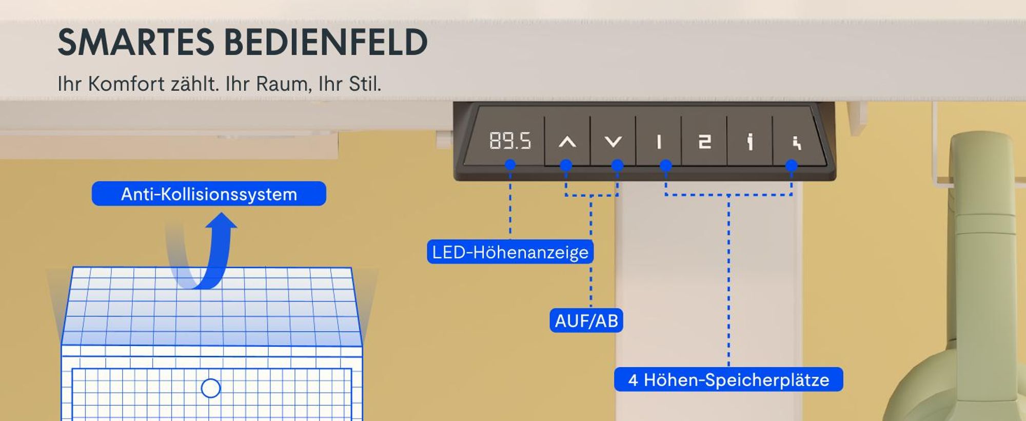 FLEXISPOT EN1 Höhenverstellbarer Schreibtisch 100x60cm elektrisch mit einteiliger Tischplatte, Kabelmanagement und Haken, 4 Memory-Funktion (Weiß)