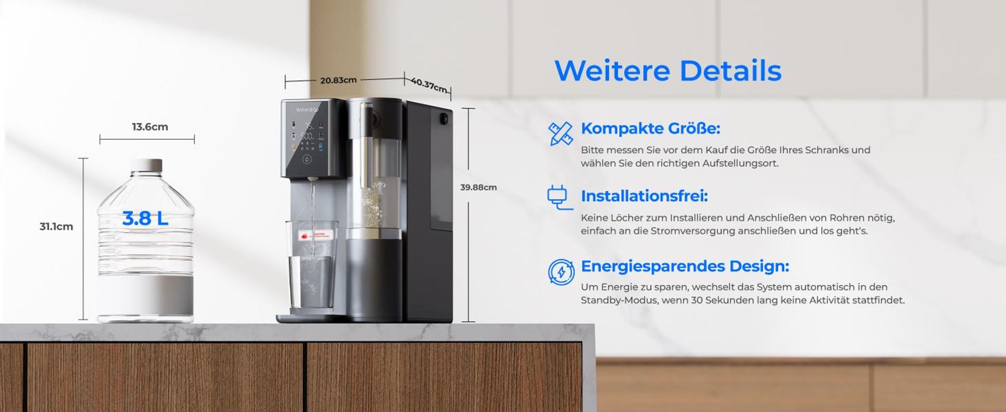Waterdrop WD-A2 Arbeitsplatte Umkehrosmoseanlage, Heißes und Kaltes RO-System, Tragbarer Reinwassertank, Flaschenloser Wasserkühler