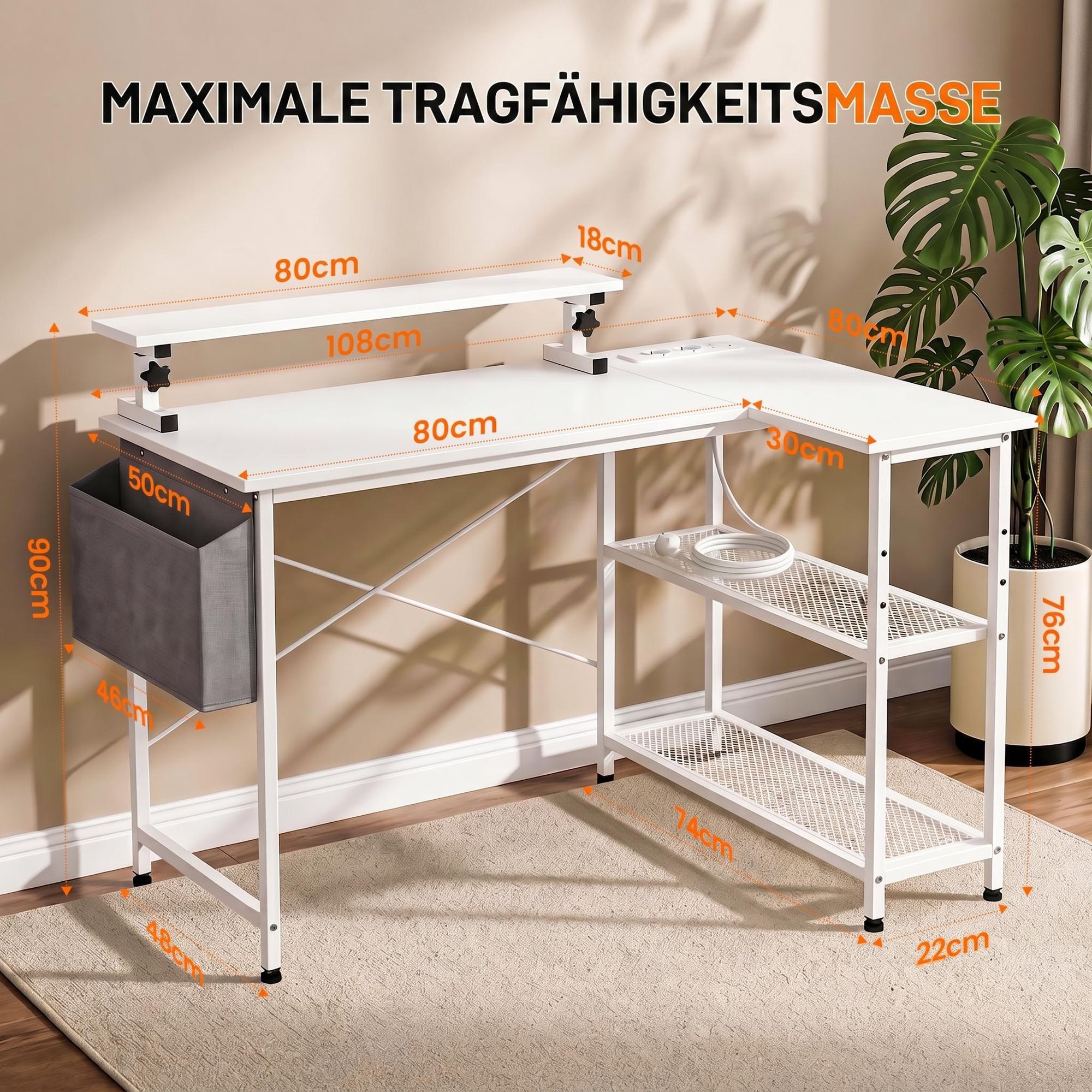OYAJIA Gaming Schreibtisch L-Form,108 x 80cm,Reversibel Gaming Tisch Computertisch mit Steckdosen und Seitentaschen, Eckschreibtisch X Form Halterung