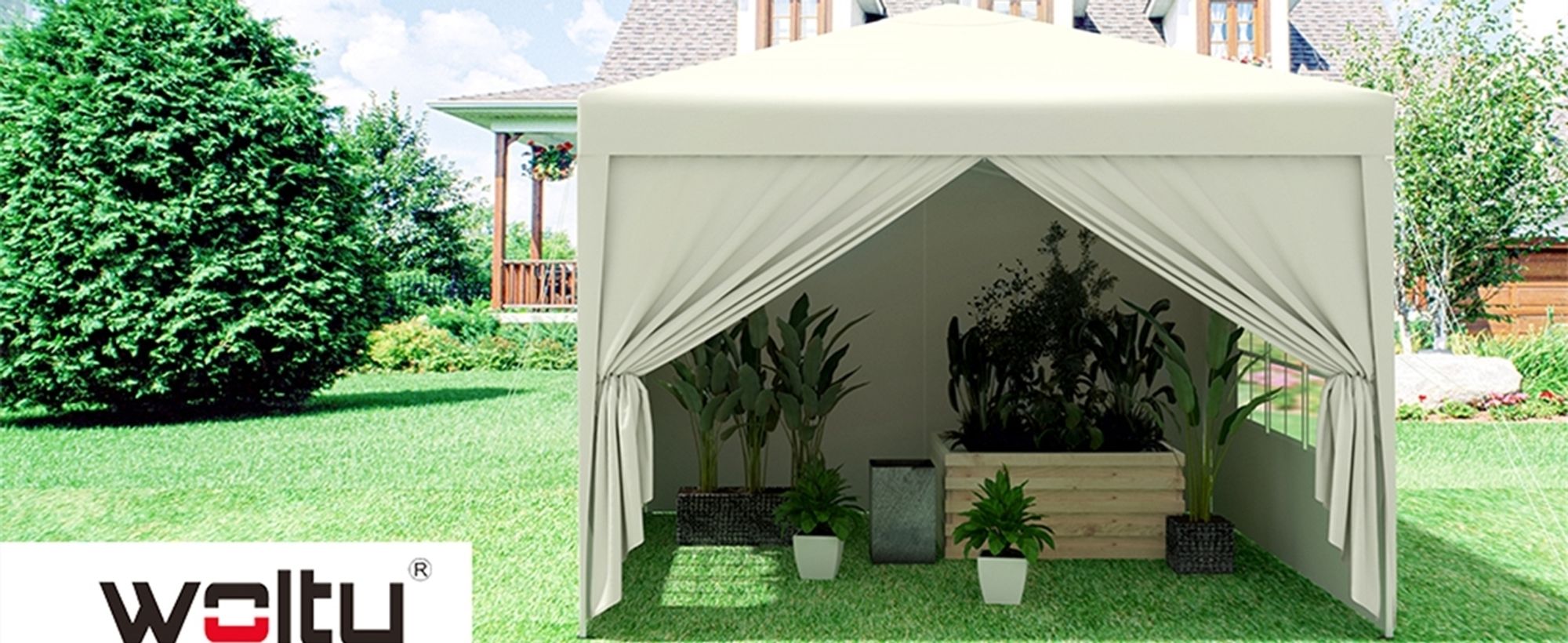 WOLTU Pavillon Pop-Up wasserdichter Faltpavillon, aus Oxford Metallrahmen 3 x 3 m Beige