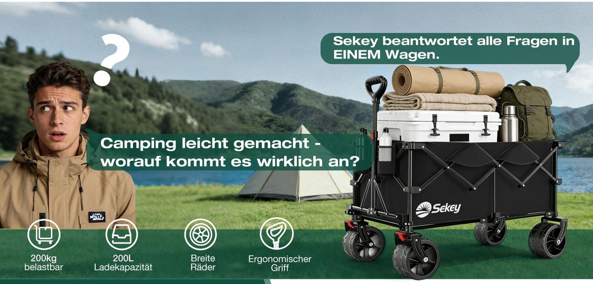 Sekey XXL Plus Bollerwagen Faltbar mit Extra Breite Räder, Faltbollerwagen belastbar 200kg Handwagen Klappbar Transportwagen, Schwarz