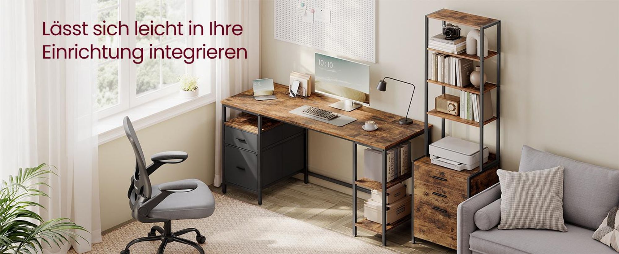 VASAGLE Computertisch mit 3 Ablagen, Bürotisch mit 2 Schubladen, Schreibtisch, 160 x 60 x 76 cm, Industrie-Stil, braun-schwarz