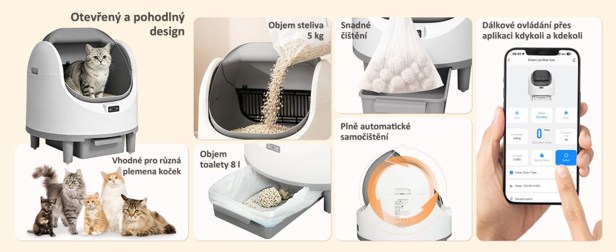 Automatická kočičí toaleta Puluomis, 80 litrů, XXL, otevřená, s ovládáním přes aplikaci, 12 senzorů, 8litrová nádoba na odpad, tichá, vhodná pro kočky do 15 kg