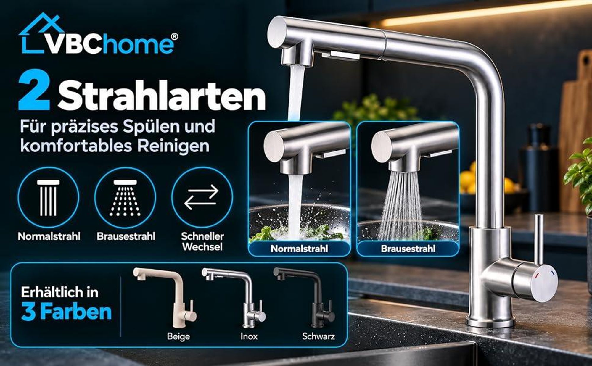 VBChome Küchenarmatur Beige mit ausziehbarer Brause 360° schwenkbar 2 Strahlarten Keramikkartusche Einhebelmischer Spültischarmatur Höhe 330 mm