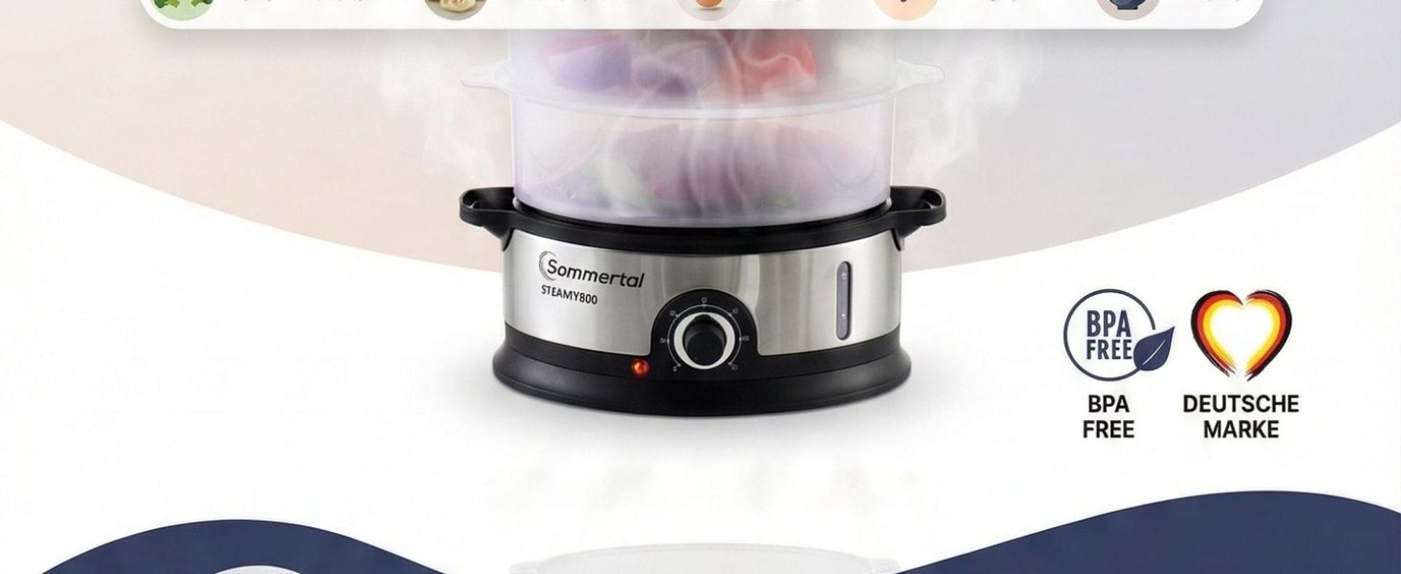 Sommertal Dampfgarer STEAMY800 Dämpfer 800W 3 Schicht Topf BPA-Frei regelbar 0-60 min. spülmaschinenfest Kunststoff Dampftopf