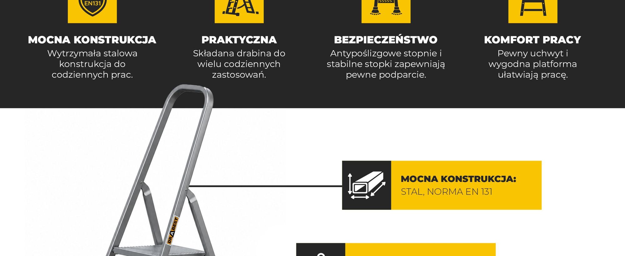 DRABEST | Drabina stalowa jednostronna 4-stopniowa składana, wysokość robocza 2,75 m, udźwig 125 kg, antypoślizgowe stopnie