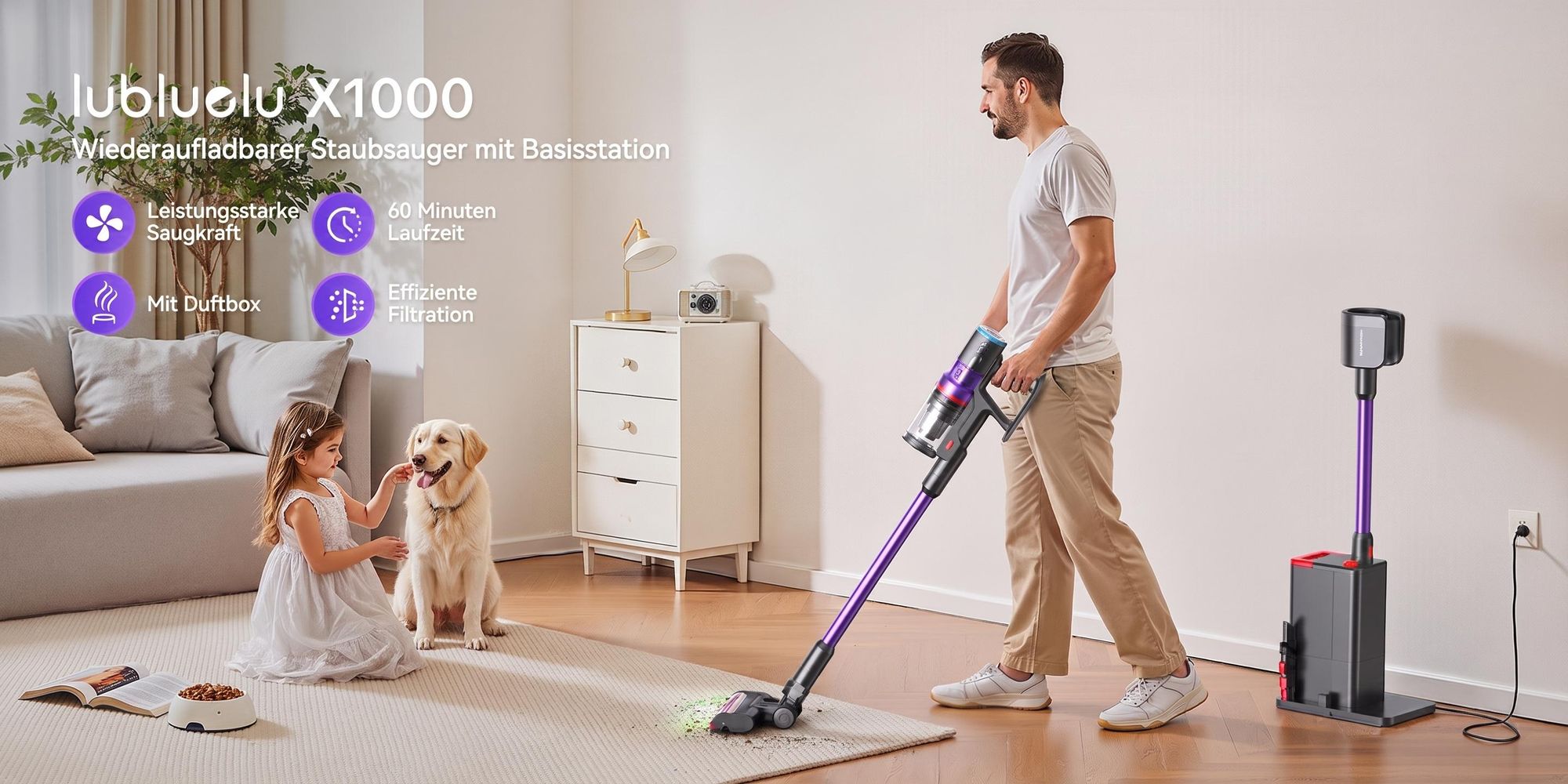Lubluelu X1000 Akku Staubsauger 27000Pa Kabellos 60Min Laufzeit Automatische Staubaufnahme 6-Fach Filtersystem Anti-Haar-Verwicklung für Hartboden