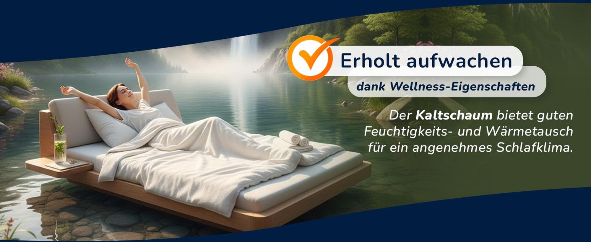 Frau streckt sich auf einem Bett vor einer Seenlandschaft