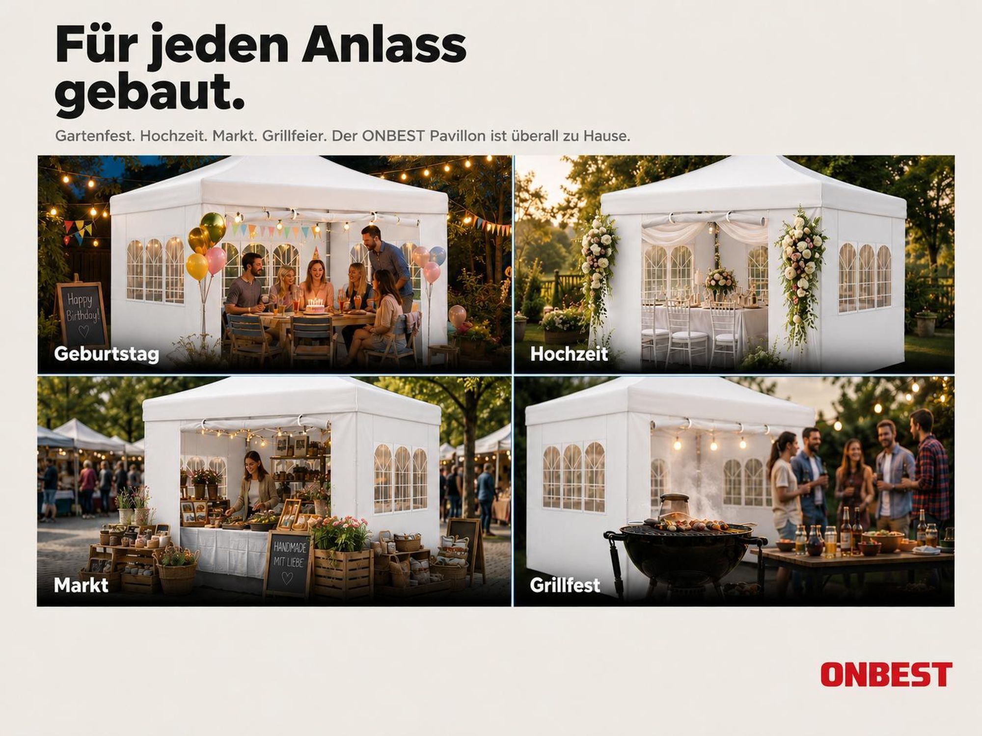 ONBEST Pavillon 3x3 | Wasserdicht | faltbar | Grau | mit Sandsäcke | Heringe | Seile | UV50+ | Premium