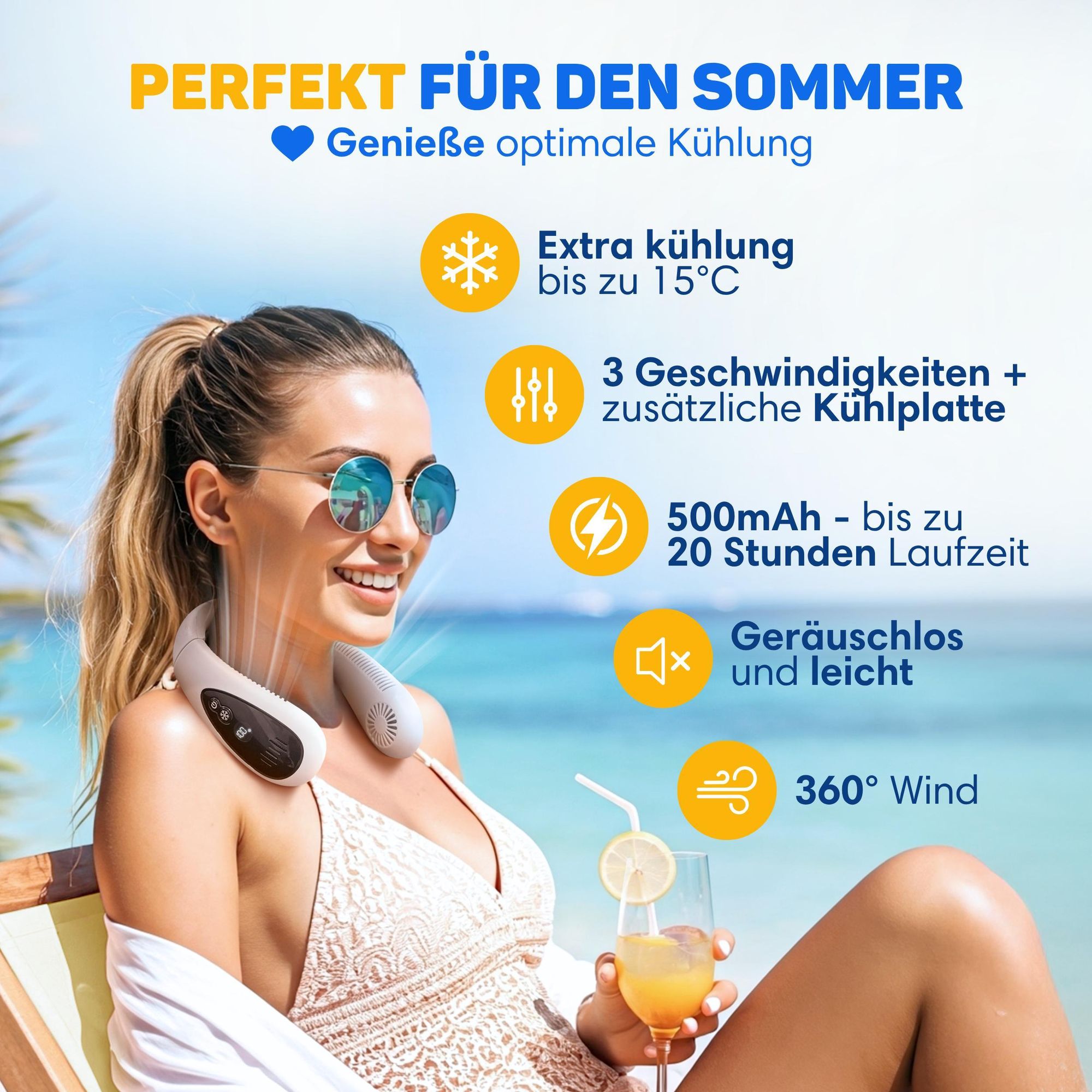 Vulpes Goods Nackenventilator Elite mit Kühlelement – Wiederaufladbar & Geräuschlos – Tragbarer Gesichtsventilator – 3 Stufen mit Extra Kühlung