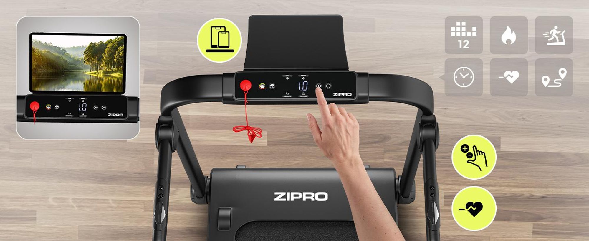Zipro Laufband Elektrisch Jogger – Klappbar Ultra Flach für Unter das Bett Bis Geschwindigkeit LED Touch Display Pulsmessung Platzsparendes