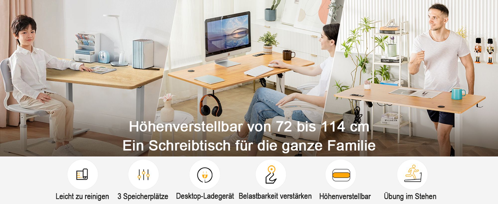 COMHOMA Schreibtisch Höhenverstellbarer Computertisch elektrisch, stufenlos, mit Steckdose und Haken
